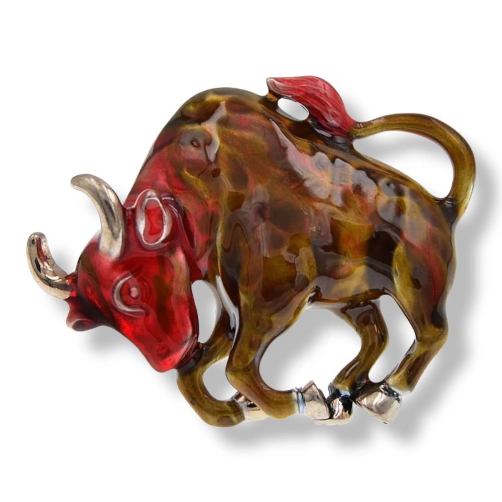 Multi-Color Enamel Silver Tone Charging Bull Brooch Pin